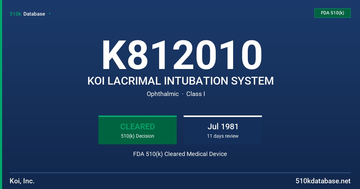 K812010 KOI LACRIMAL INTUBATION SYSTEM FDA 510(k) Cleared Medical Device