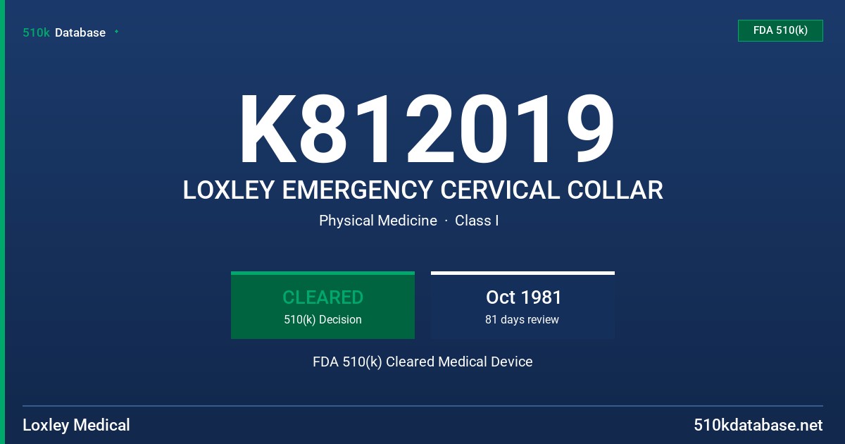 K812019 LOXLEY EMERGENCY CERVICAL COLLAR FDA 510(k) Cleared Medical Device