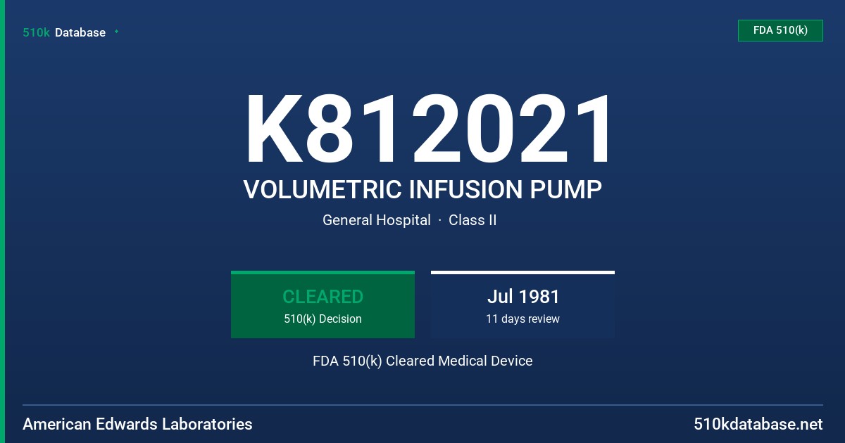 K812021 VOLUMETRIC INFUSION PUMP FDA 510(k) Cleared Medical Device