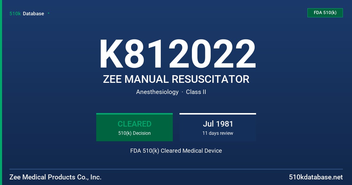 K812022 ZEE MANUAL RESUSCITATOR FDA 510(k) Cleared Medical Device