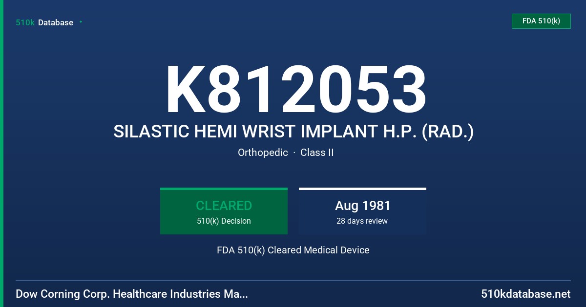 K812053 SILASTIC HEMI WRIST IMPLANT H.P. (RAD.) FDA 510(k) Cleared Medical Device
