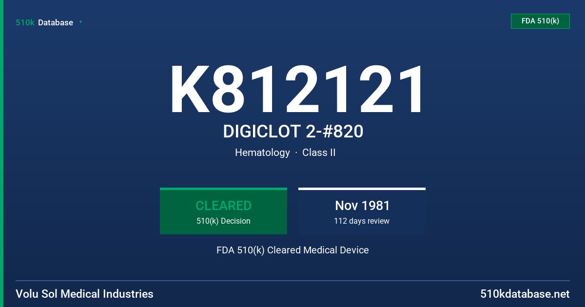 K812121 DIGICLOT 2-#820 FDA 510(k) Cleared Medical Device