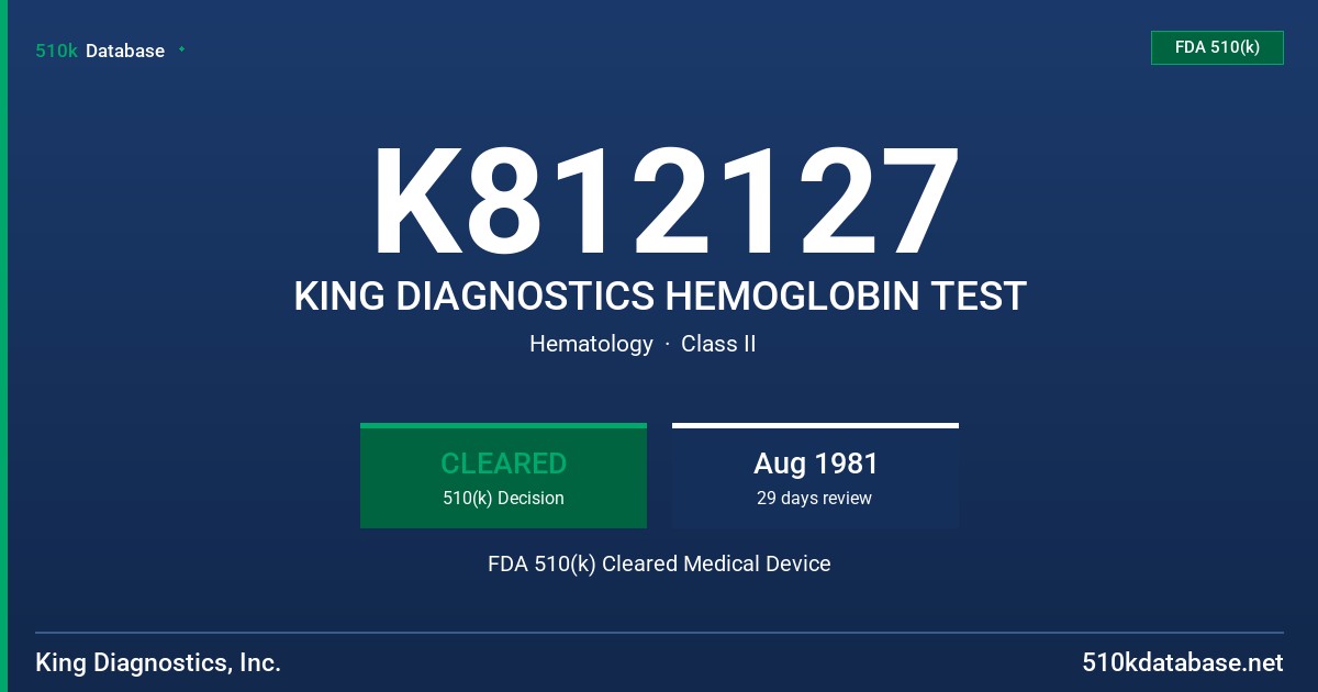 K812127 KING DIAGNOSTICS HEMOGLOBIN TEST FDA 510(k) Cleared Medical Device