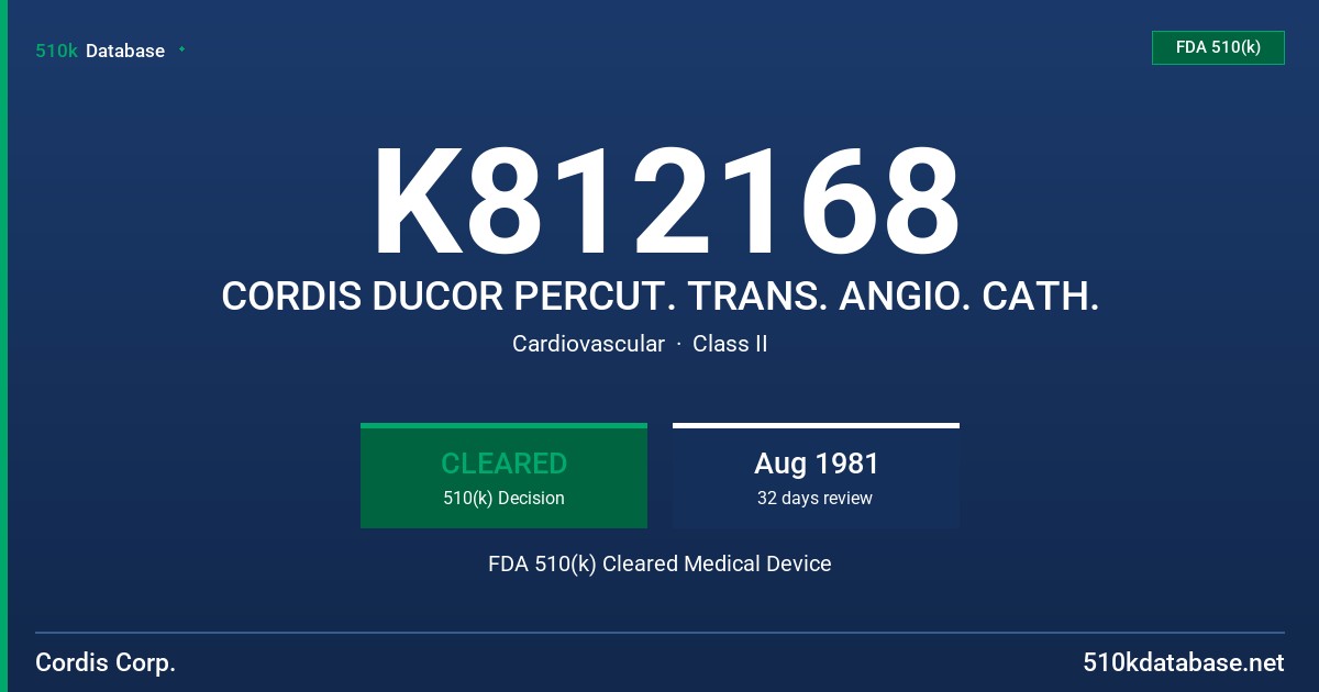 K812168 CORDIS DUCOR PERCUT. TRANS. ANGIO. CATH. FDA 510(k) Cleared Medical Device