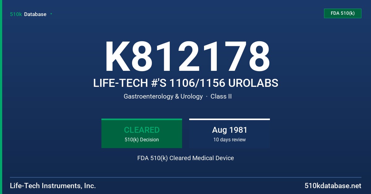 K812178 LIFE-TECH #'S 1106/1156 UROLABS FDA 510(k) Cleared Medical Device