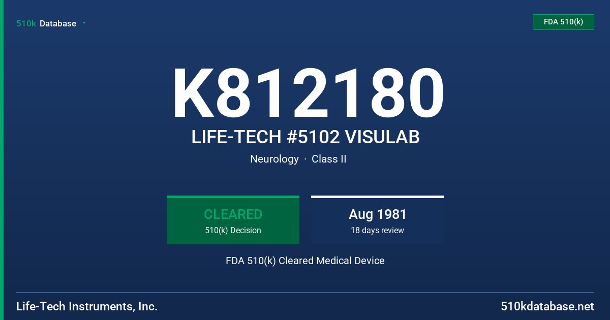K812180 LIFE-TECH #5102 VISULAB FDA 510(k) Cleared Medical Device