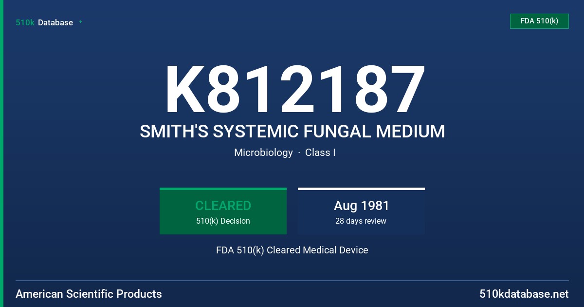 K812187 SMITH'S SYSTEMIC FUNGAL MEDIUM FDA 510(k) Cleared Medical Device