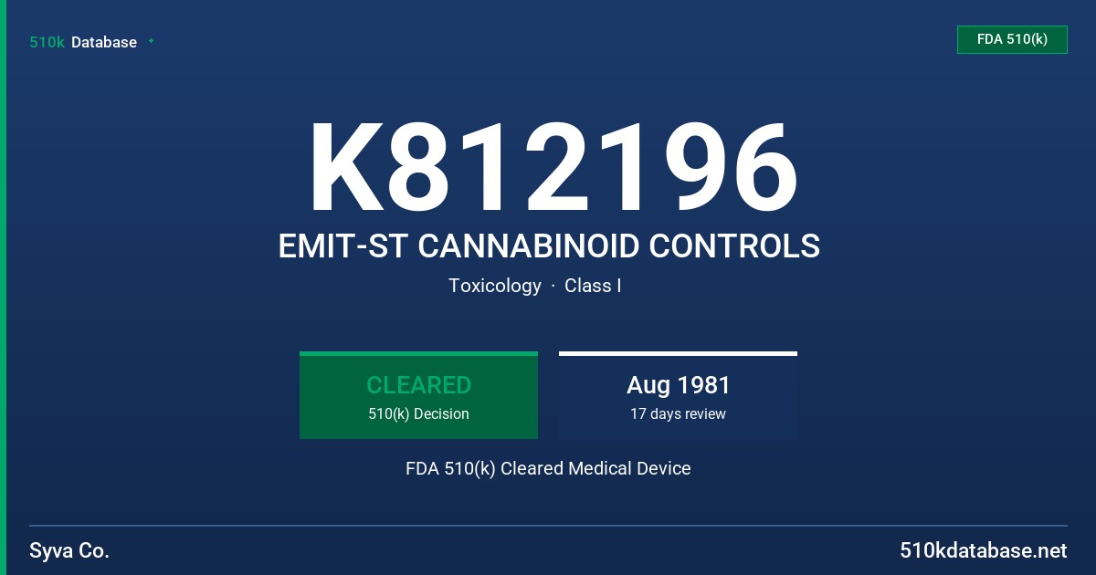 K812196 EMIT-ST CANNABINOID CONTROLS FDA 510(k) Cleared Medical Device