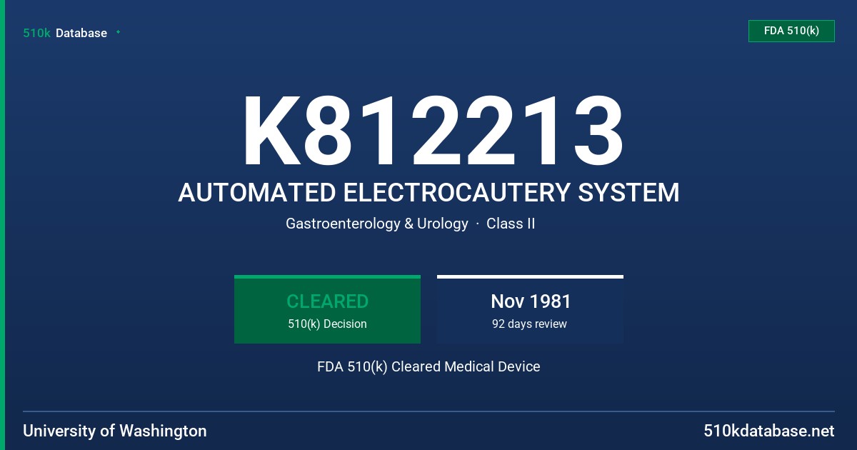 K812213 AUTOMATED ELECTROCAUTERY SYSTEM FDA 510(k) Cleared Medical Device