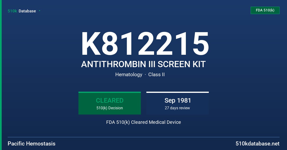 K812215 ANTITHROMBIN III SCREEN KIT FDA 510(k) Cleared Medical Device