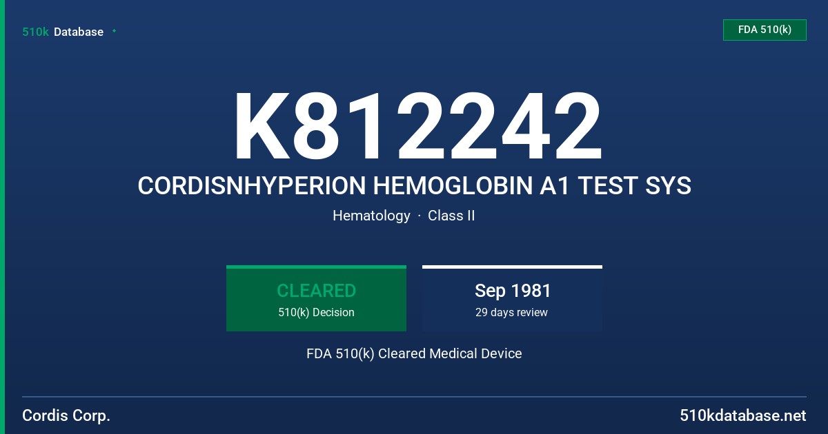 K812242 CORDISNHYPERION HEMOGLOBIN A1 TEST SYS FDA 510(k) Cleared Medical Device