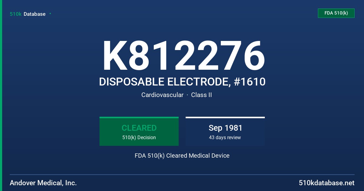 K812276 DISPOSABLE ELECTRODE, #1610 FDA 510(k) Cleared Medical Device