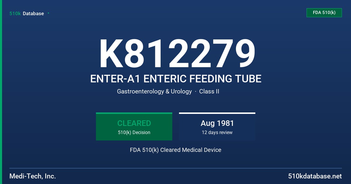 K812279 ENTER-A1 ENTERIC FEEDING TUBE FDA 510(k) Cleared Medical Device