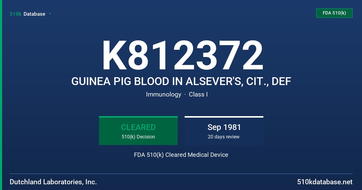 K812372 GUINEA PIG BLOOD IN ALSEVER'S, CIT., DEF FDA 510(k) Cleared Medical Device