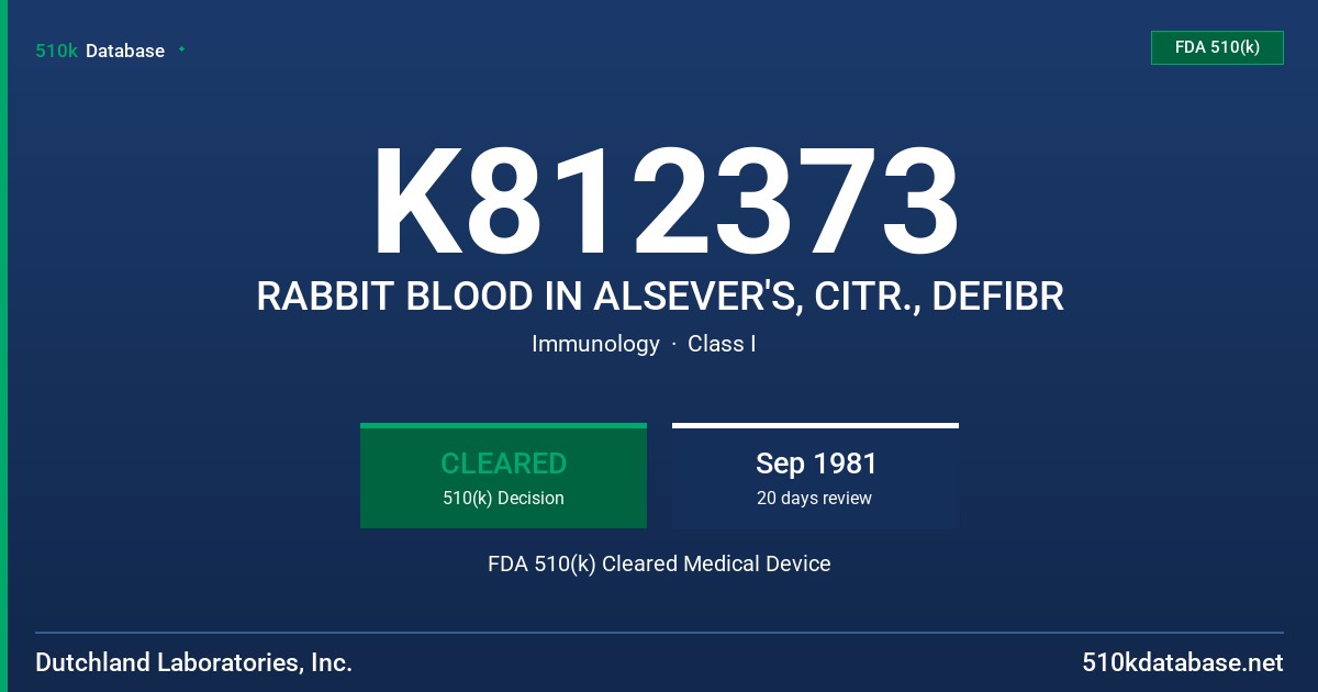 K812373 RABBIT BLOOD IN ALSEVER'S, CITR., DEFIBR FDA 510(k) Cleared Medical Device