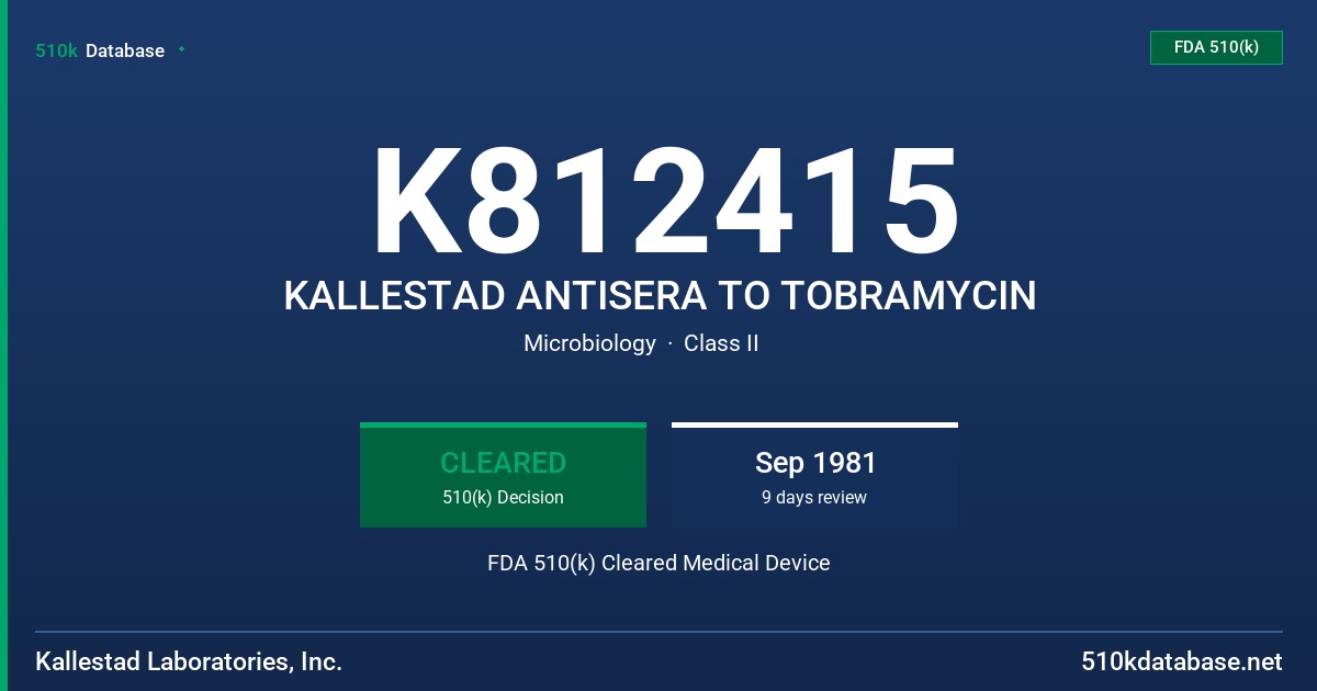 K812415 KALLESTAD ANTISERA TO TOBRAMYCIN FDA 510(k) Cleared Medical Device
