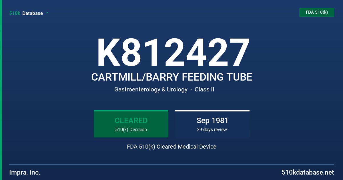 K812427 CARTMILL/BARRY FEEDING TUBE FDA 510(k) Cleared Medical Device