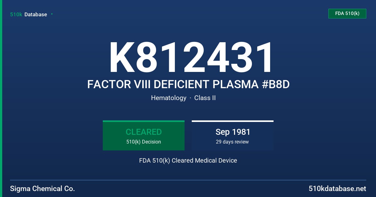 K812431 FACTOR VIII DEFICIENT PLASMA #B8D FDA 510(k) Cleared Medical Device