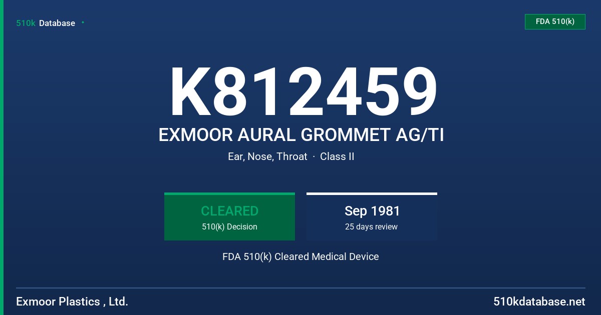 K812459 EXMOOR AURAL GROMMET AG/TI FDA 510(k) Cleared Medical Device