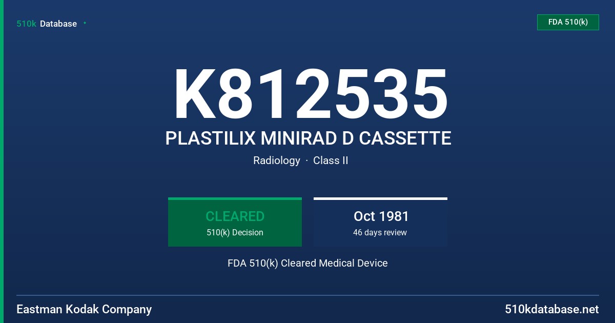 K812535 PLASTILIX MINIRAD D CASSETTE FDA 510(k) Cleared Medical Device