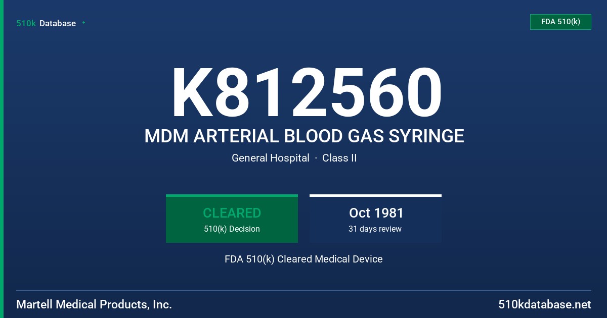 K812560 MDM ARTERIAL BLOOD GAS SYRINGE FDA 510(k) Cleared Medical Device