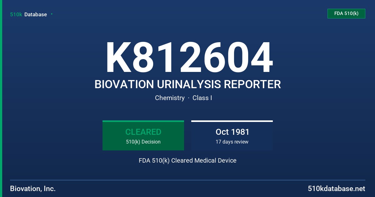 K812604 BIOVATION URINALYSIS REPORTER FDA 510(k) Cleared Medical Device