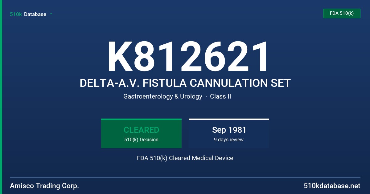 K812621 DELTA-A.V. FISTULA CANNULATION SET FDA 510(k) Cleared Medical Device