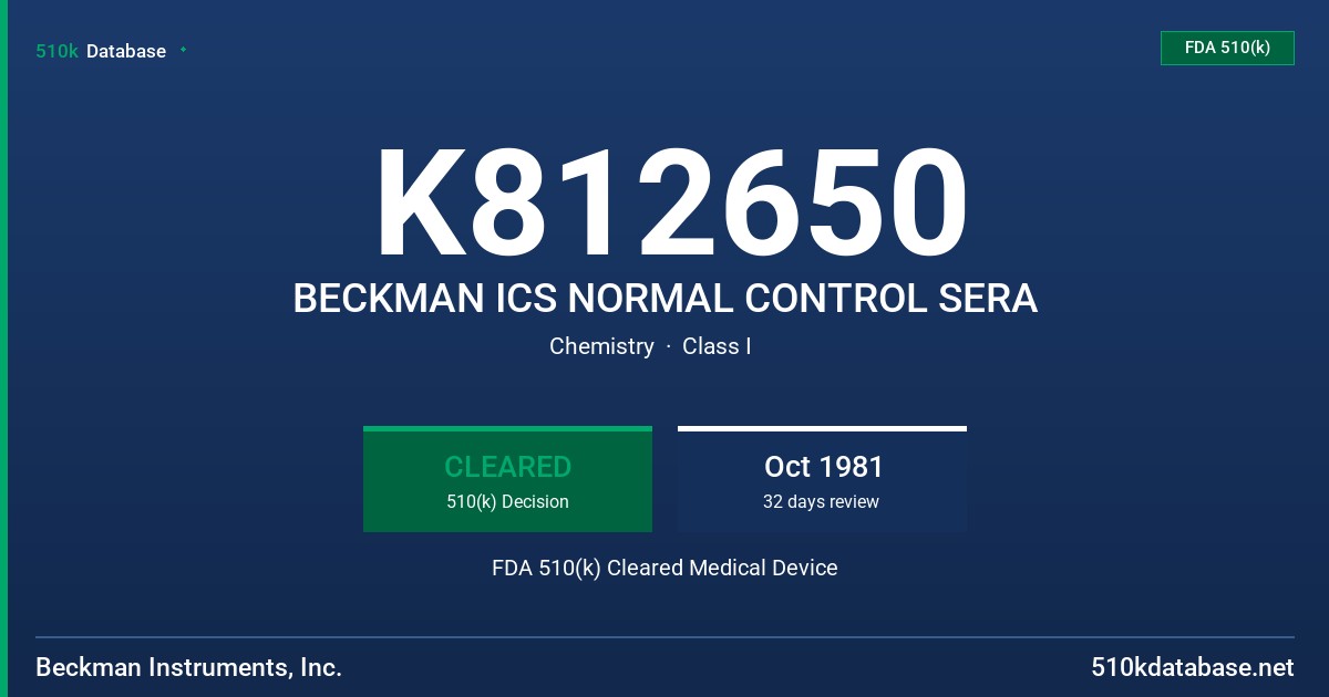 K812650 BECKMAN ICS NORMAL CONTROL SERA FDA 510(k) Cleared Medical Device