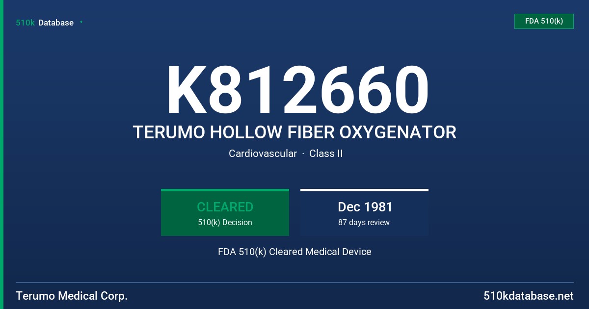 K812660 TERUMO HOLLOW FIBER OXYGENATOR FDA 510(k) Cleared Medical Device