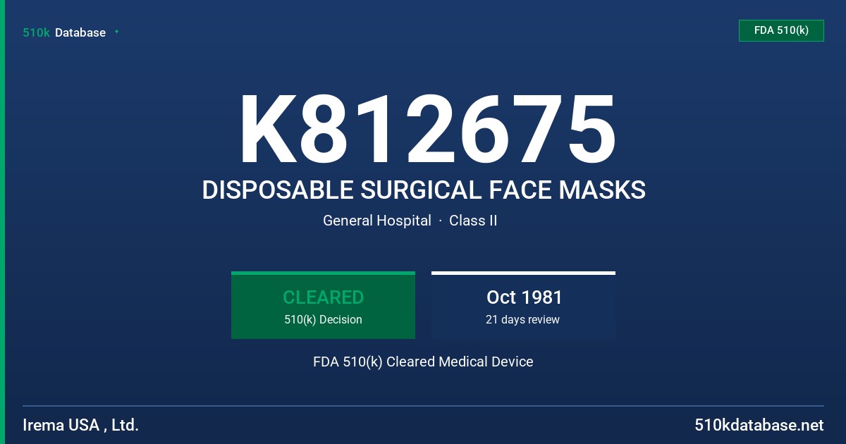 K812675 DISPOSABLE SURGICAL FACE MASKS FDA 510(k) Cleared Medical Device