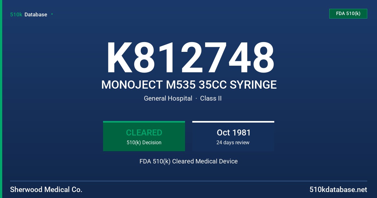 K812748 MONOJECT M535 35CC SYRINGE FDA 510(k) Cleared Medical Device