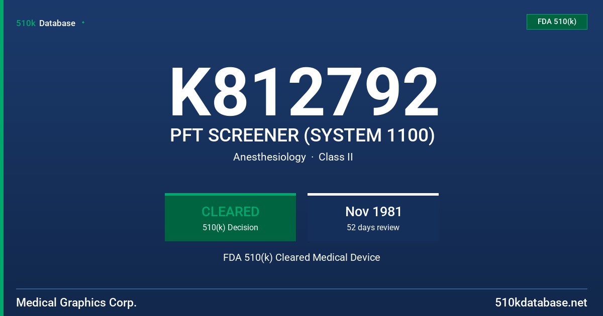 K812792 PFT SCREENER (SYSTEM 1100) FDA 510(k) Cleared Medical Device