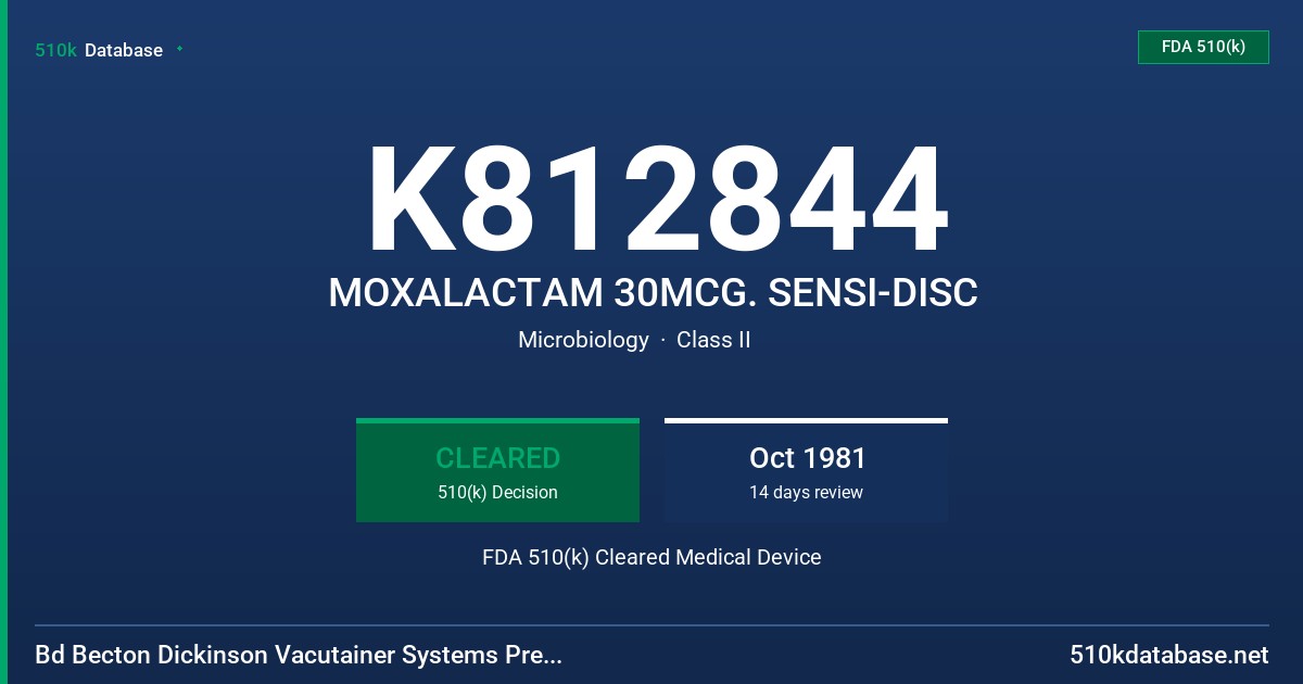 K812844 MOXALACTAM 30MCG. SENSI-DISC FDA 510(k) Cleared Medical Device