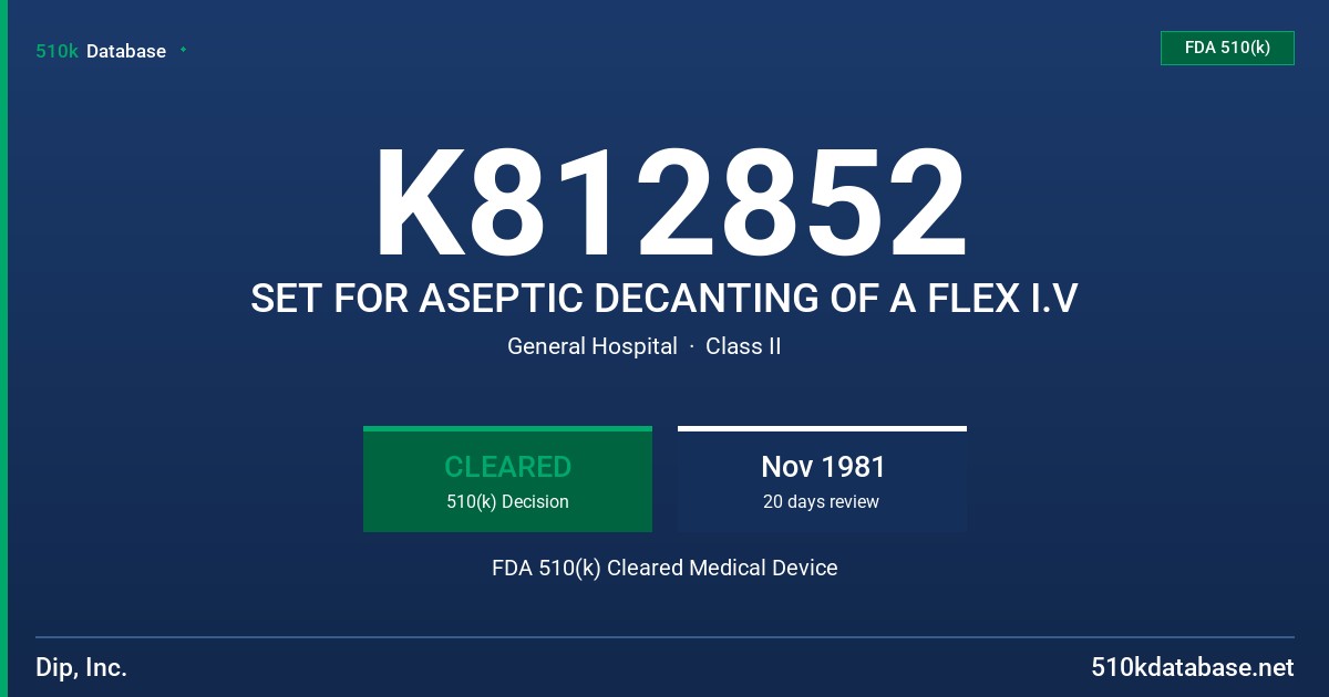 K812852 SET FOR ASEPTIC DECANTING OF A FLEX I.V FDA 510(k) Cleared Medical Device