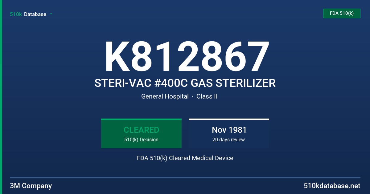 K812867 STERI-VAC #400C GAS STERILIZER FDA 510(k) Cleared Medical Device
