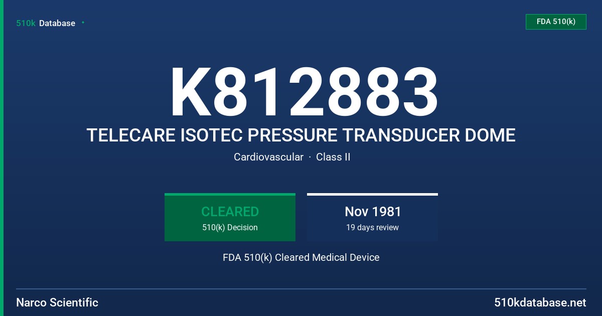 K812883 TELECARE ISOTEC PRESSURE TRANSDUCER DOME FDA 510(k) Cleared Medical Device