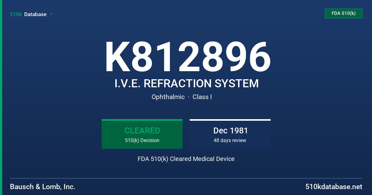 K812896 I.V.E. REFRACTION SYSTEM FDA 510(k) Cleared Medical Device