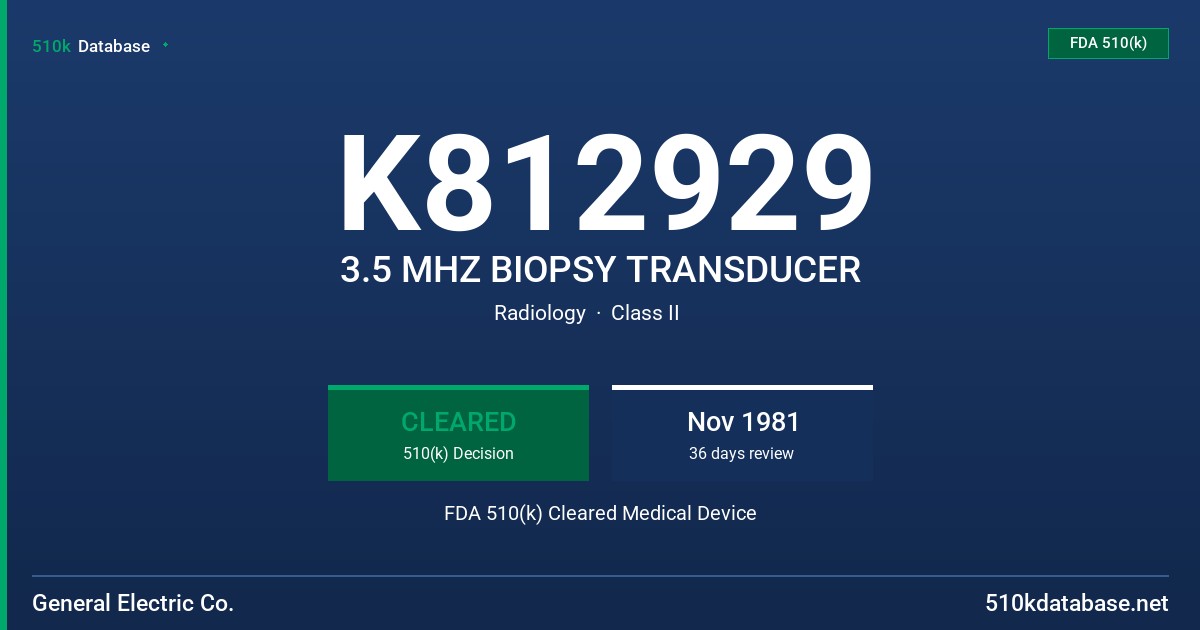 K812929 3.5 MHZ BIOPSY TRANSDUCER FDA 510(k) Cleared Medical Device