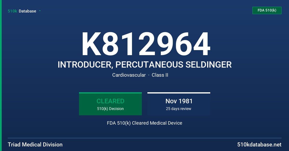 K812964 INTRODUCER, PERCUTANEOUS SELDINGER FDA 510(k) Cleared Medical Device