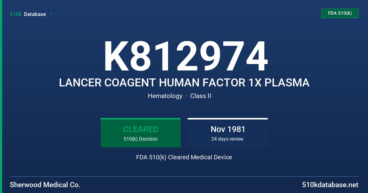 K812974 LANCER COAGENT HUMAN FACTOR 1X PLASMA FDA 510(k) Cleared Medical Device