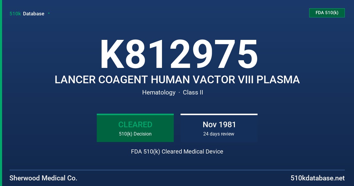 K812975 LANCER COAGENT HUMAN VACTOR VIII PLASMA FDA 510(k) Cleared Medical Device