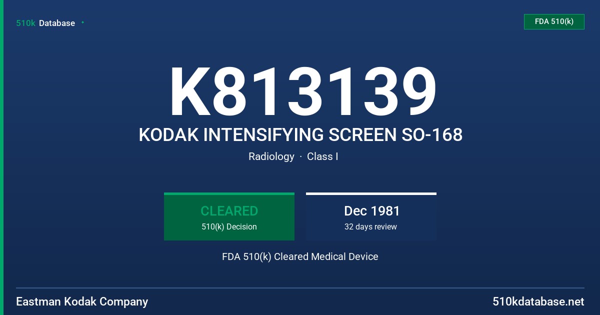 K813139 KODAK INTENSIFYING SCREEN SO-168 FDA 510(k) Cleared Medical Device
