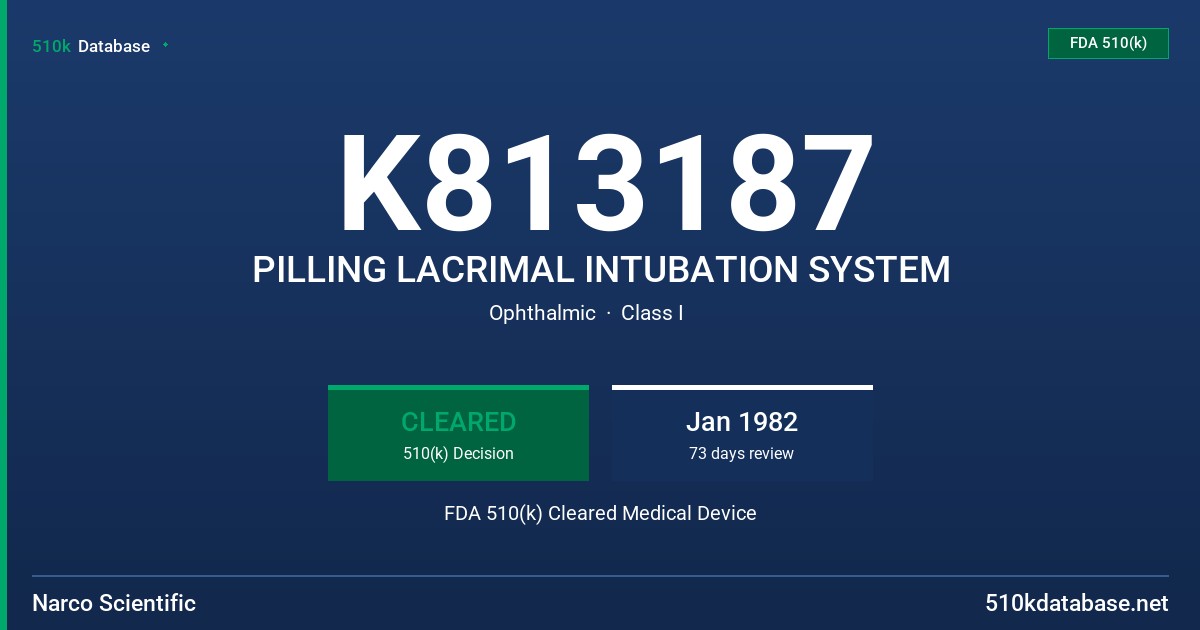 K813187 PILLING LACRIMAL INTUBATION SYSTEM FDA 510(k) Cleared Medical Device