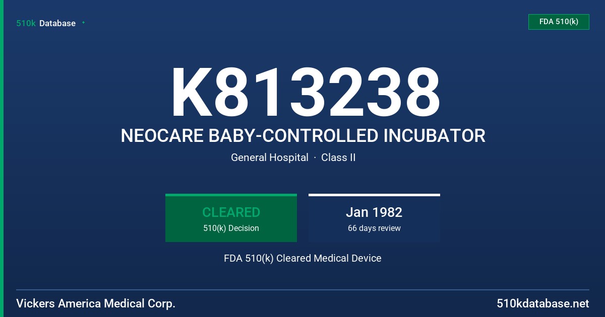 K813238 NEOCARE BABY-CONTROLLED INCUBATOR FDA 510(k) Cleared Medical Device