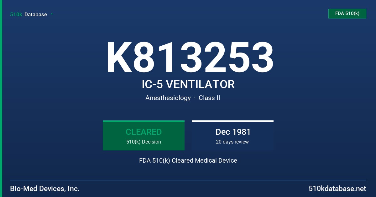 K813253 IC-5 VENTILATOR FDA 510(k) Cleared Medical Device