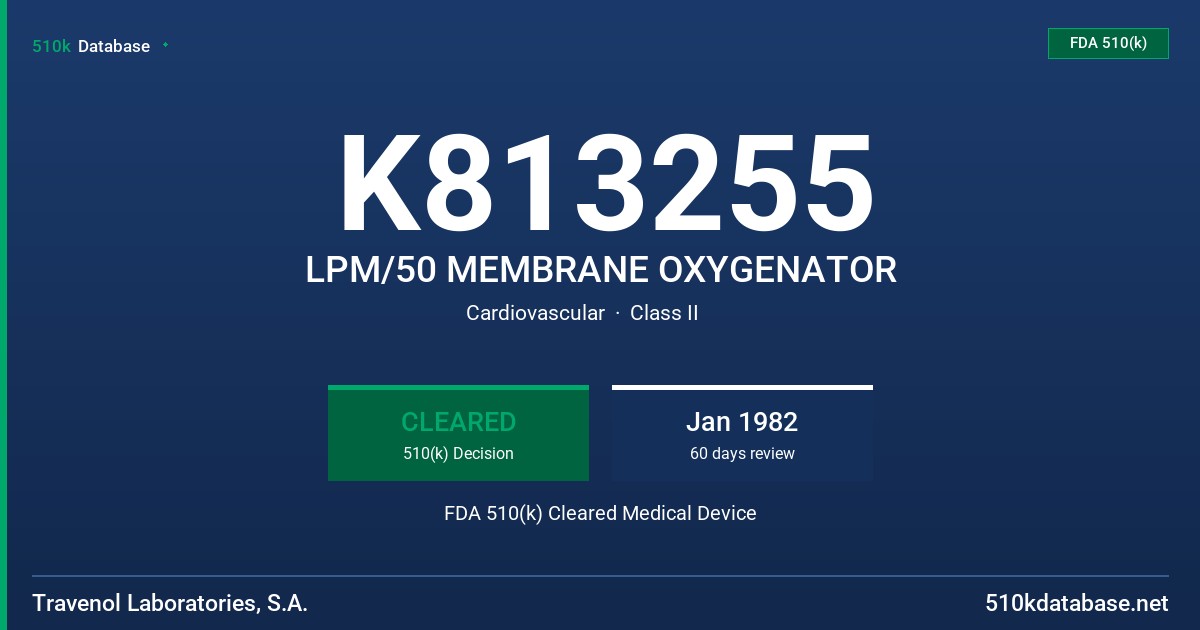 K813255 LPM/50 MEMBRANE OXYGENATOR FDA 510(k) Cleared Medical Device