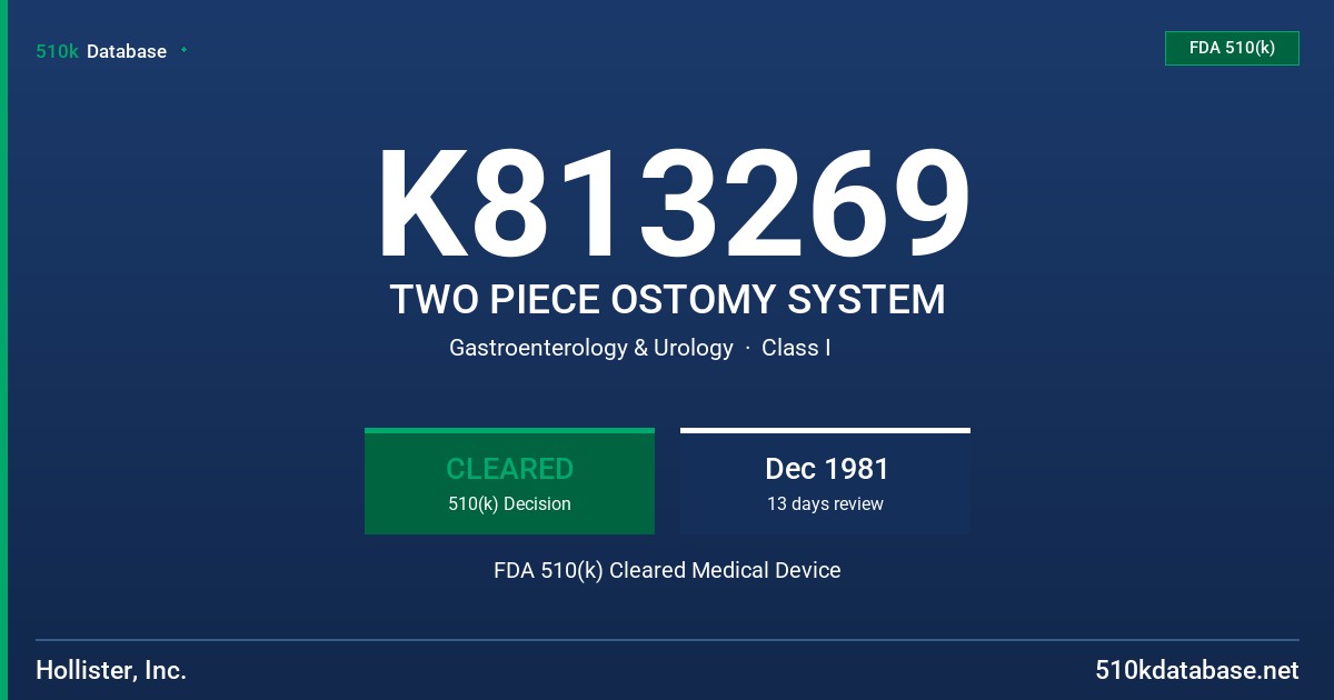 K813269 TWO PIECE OSTOMY SYSTEM FDA 510(k) Cleared Medical Device
