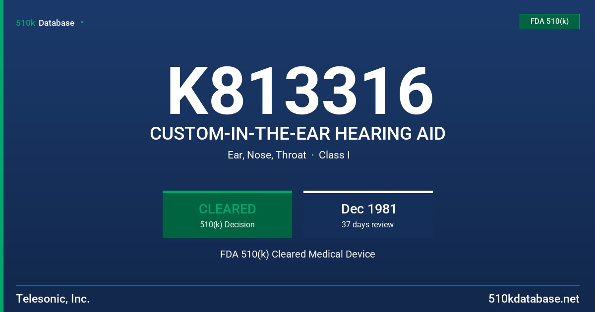 K813316 CUSTOM-IN-THE-EAR HEARING AID FDA 510(k) Cleared Medical Device