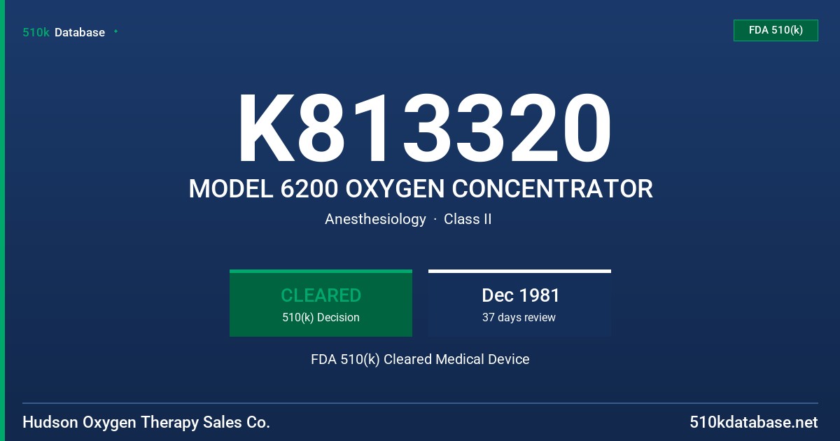 K813320 MODEL 6200 OXYGEN CONCENTRATOR FDA 510(k) Cleared Medical Device