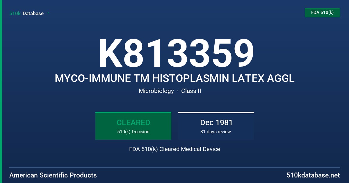 K813359 MYCO-IMMUNE TM HISTOPLASMIN LATEX AGGL FDA 510(k) Cleared Medical Device